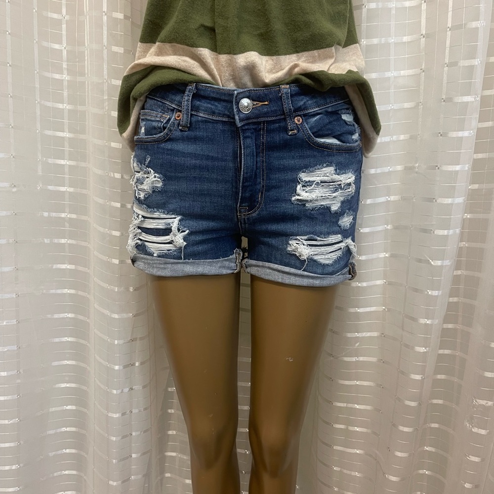 American Eagle next level stretch distressed dark blue denim shorts